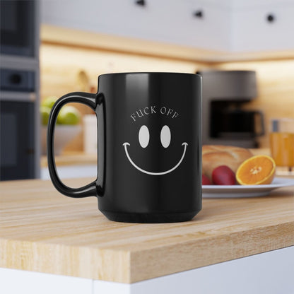 15oz Black Mug — Smiley Face with “Fuck Off” Graphic | Funny Novelty Coffee Cup