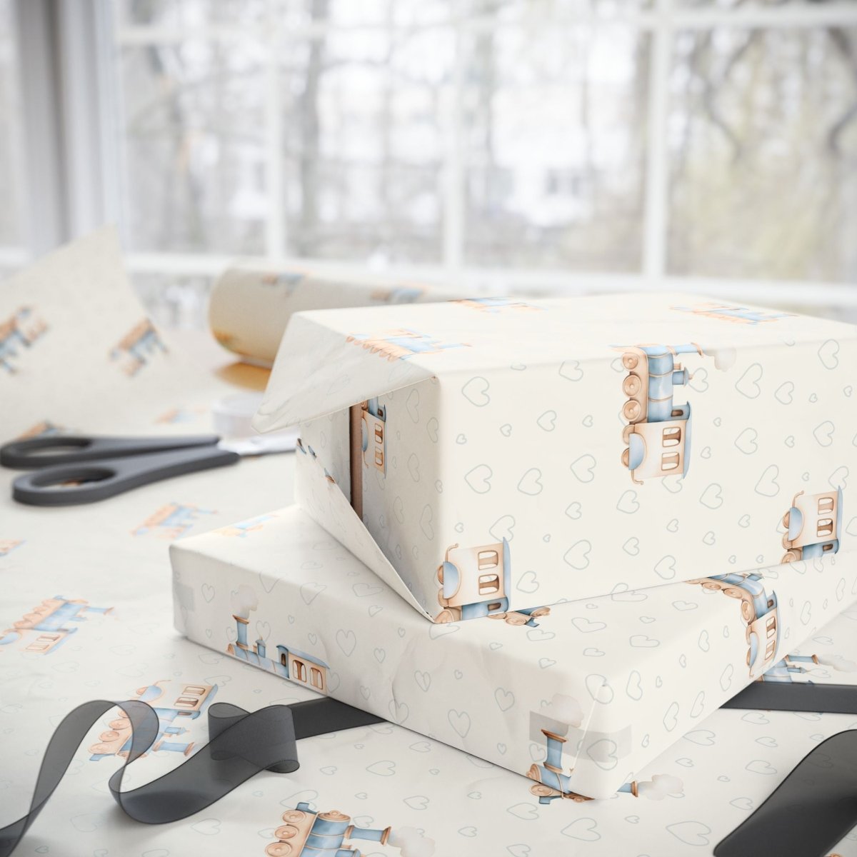 All Aboard Cuteness – Baby Blue Train Wrapping Paper
