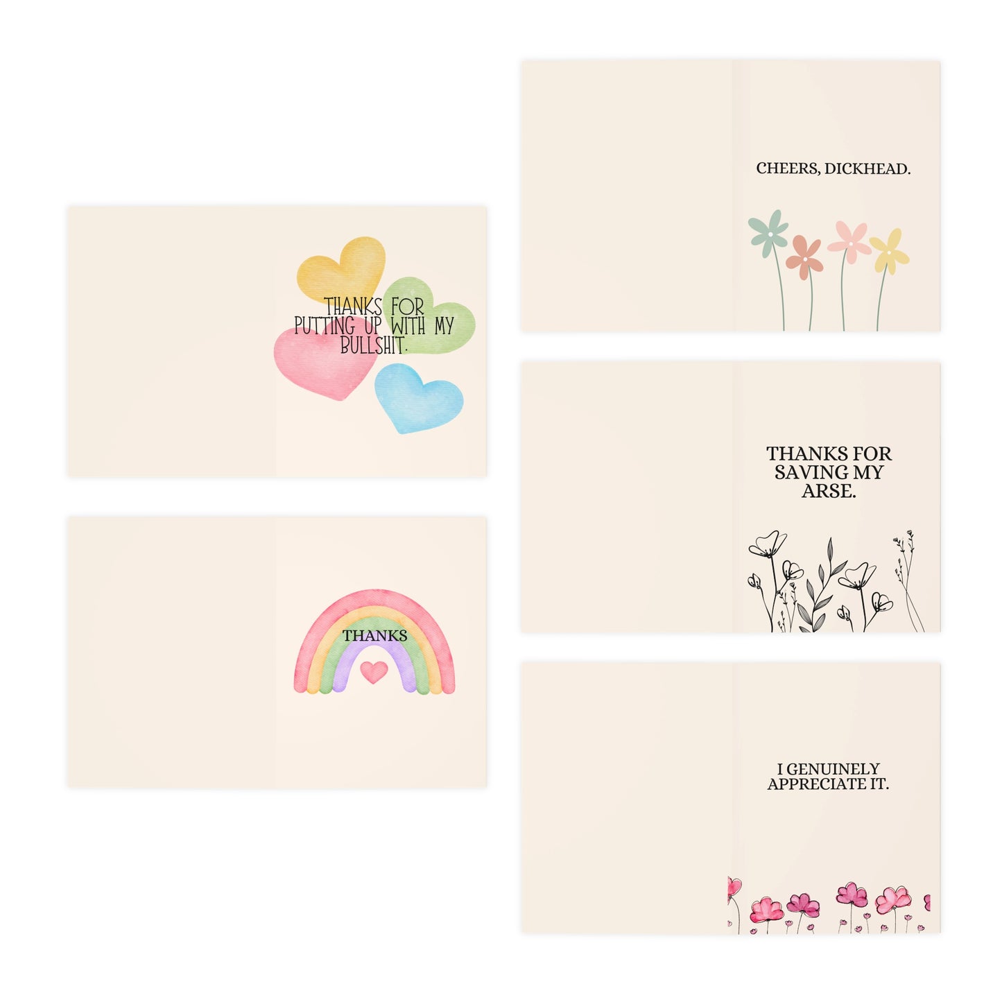Snarky Thank You Greeting Card Set — 5-Pack Humorous Appreciation Cards (Cheers, Thanks for Saving My Arse, I Genuinely Appreciate It)