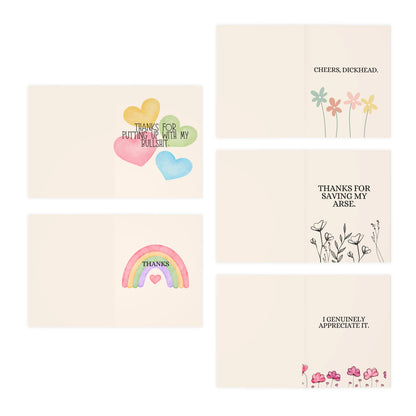 Snarky Thank You Greeting Card Set — 5-Pack Humorous Appreciation Cards (Cheers, Thanks for Saving My Arse, I Genuinely Appreciate It)