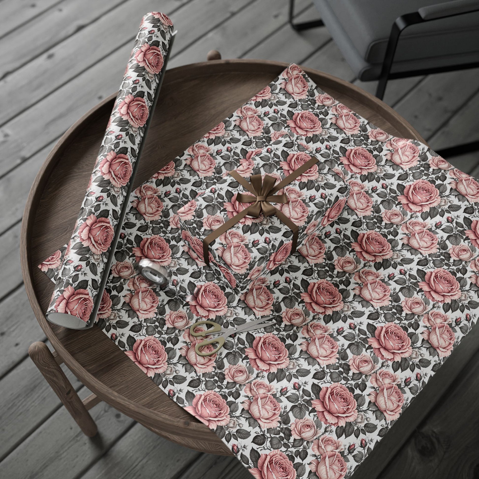 Rose Whispers – Soft Floral Gift Wrap in Pink & Grey