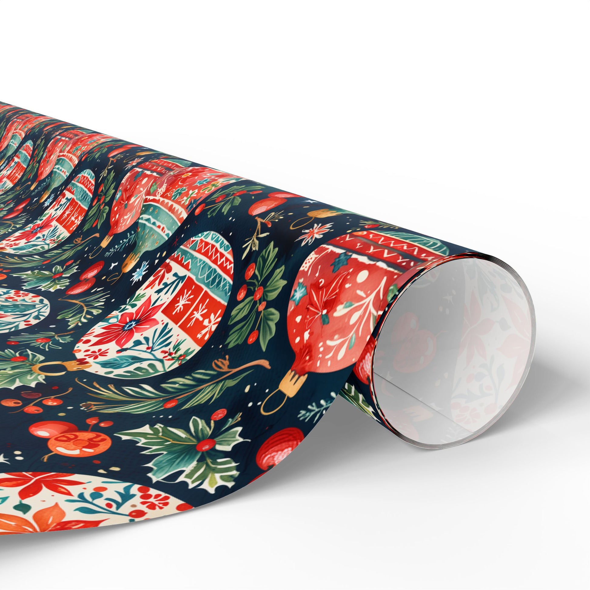 Twinkle Tinsel & Midnight Mistletoe – Folk Art Ornament Wrapping Paper