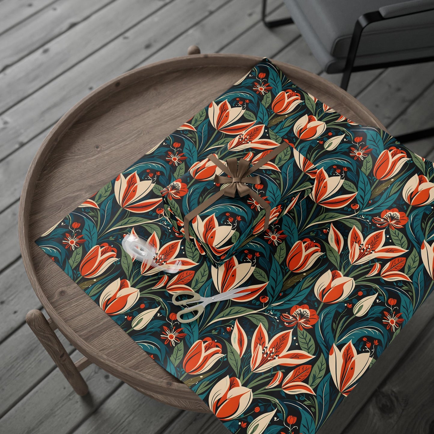 Orange Green Blue Botanical Floral Wrap for Presents