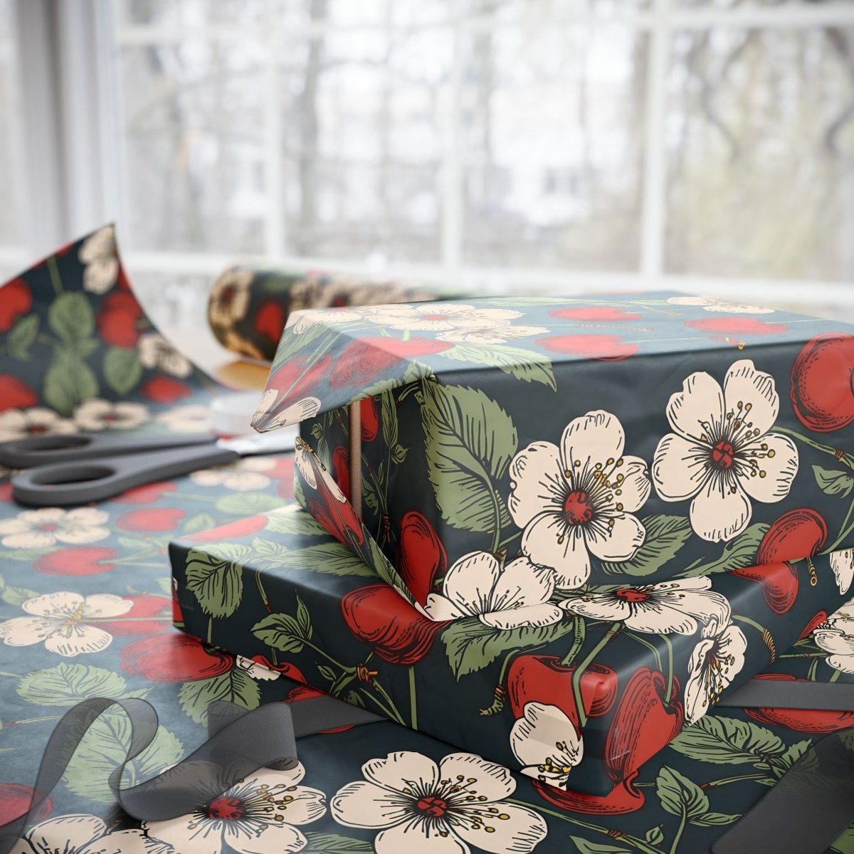 Retro Cherry Blossom Wrapping Paper
