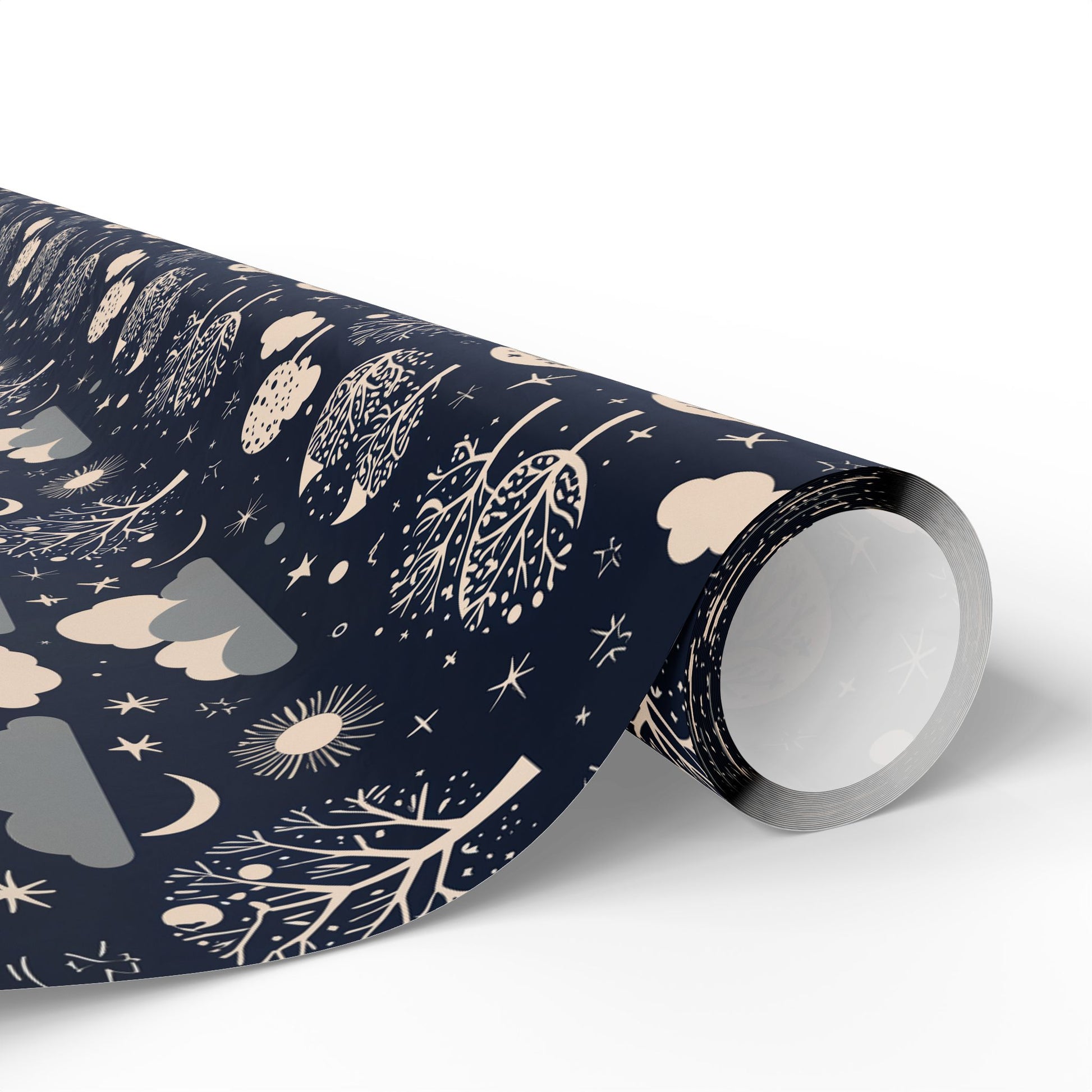 Wrapping Paper - Abstract Moon Stars and Trees in Black and Beige