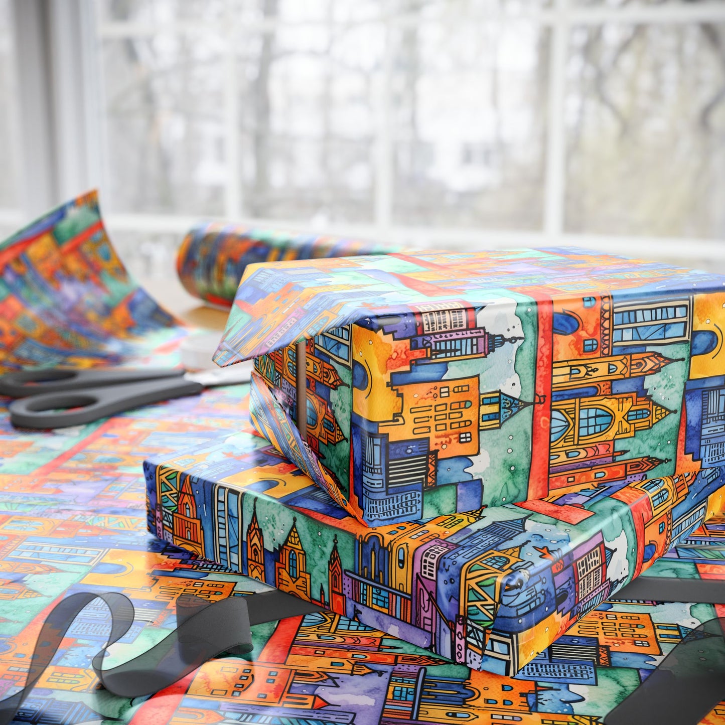 Vibrant Cityscape Wrapping Paper - Festive Gift Wrap