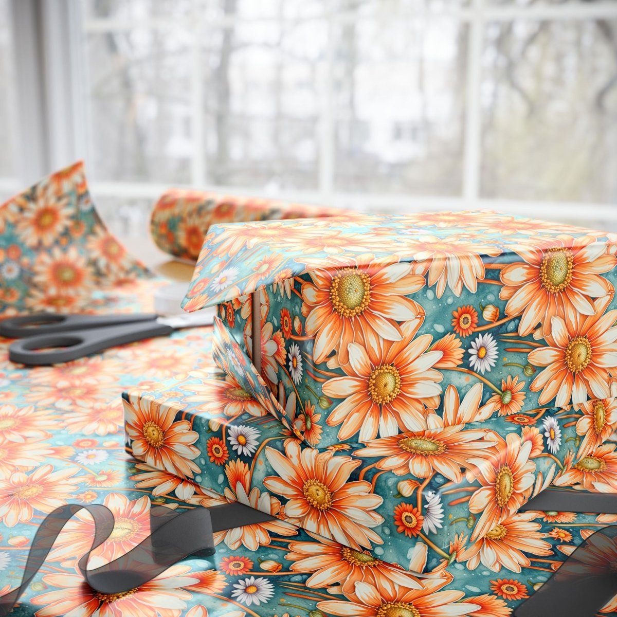 Vibrant Orange Floral Wrapping Paper