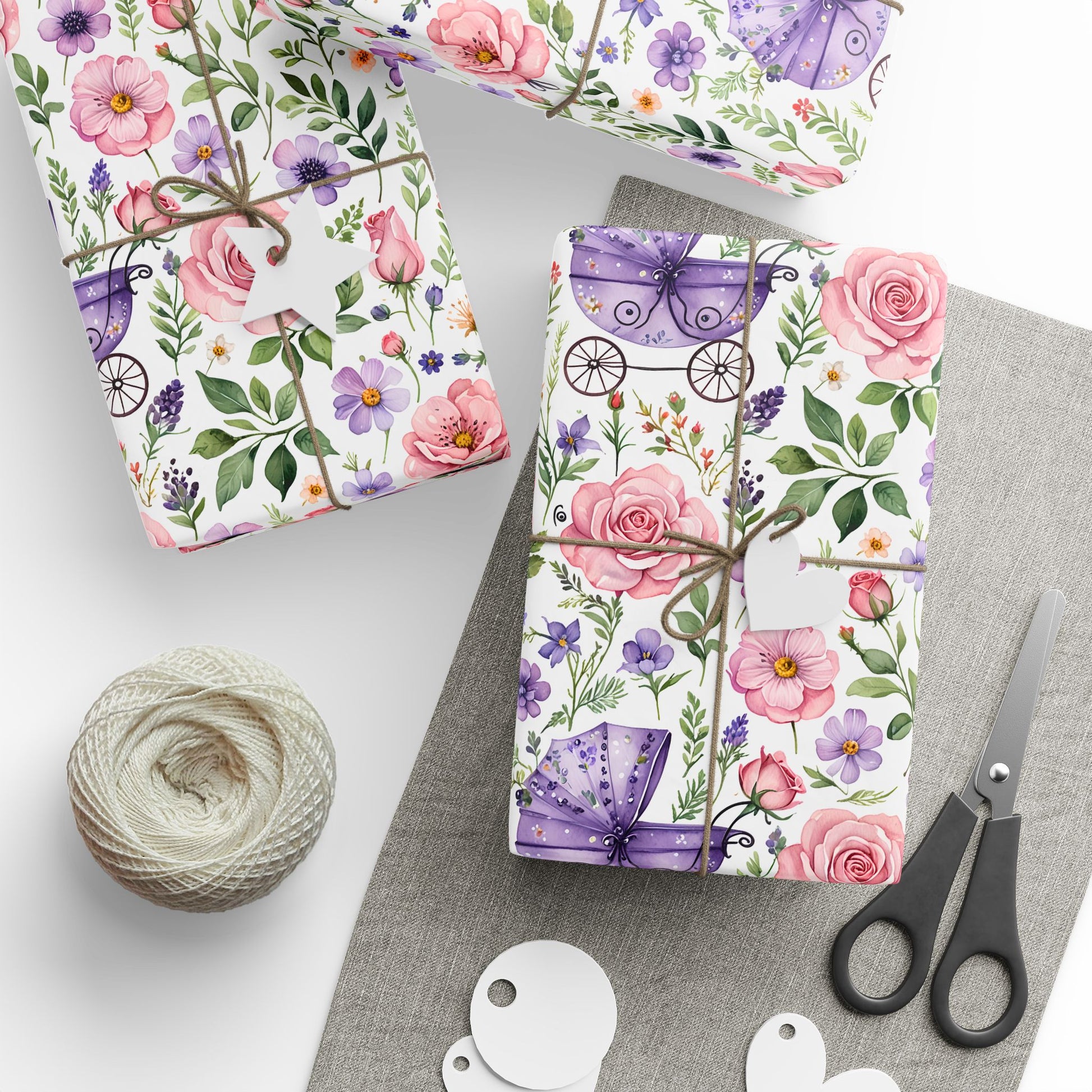 Baby Shower Gift Wrap with Floral and Baby Carriage Design