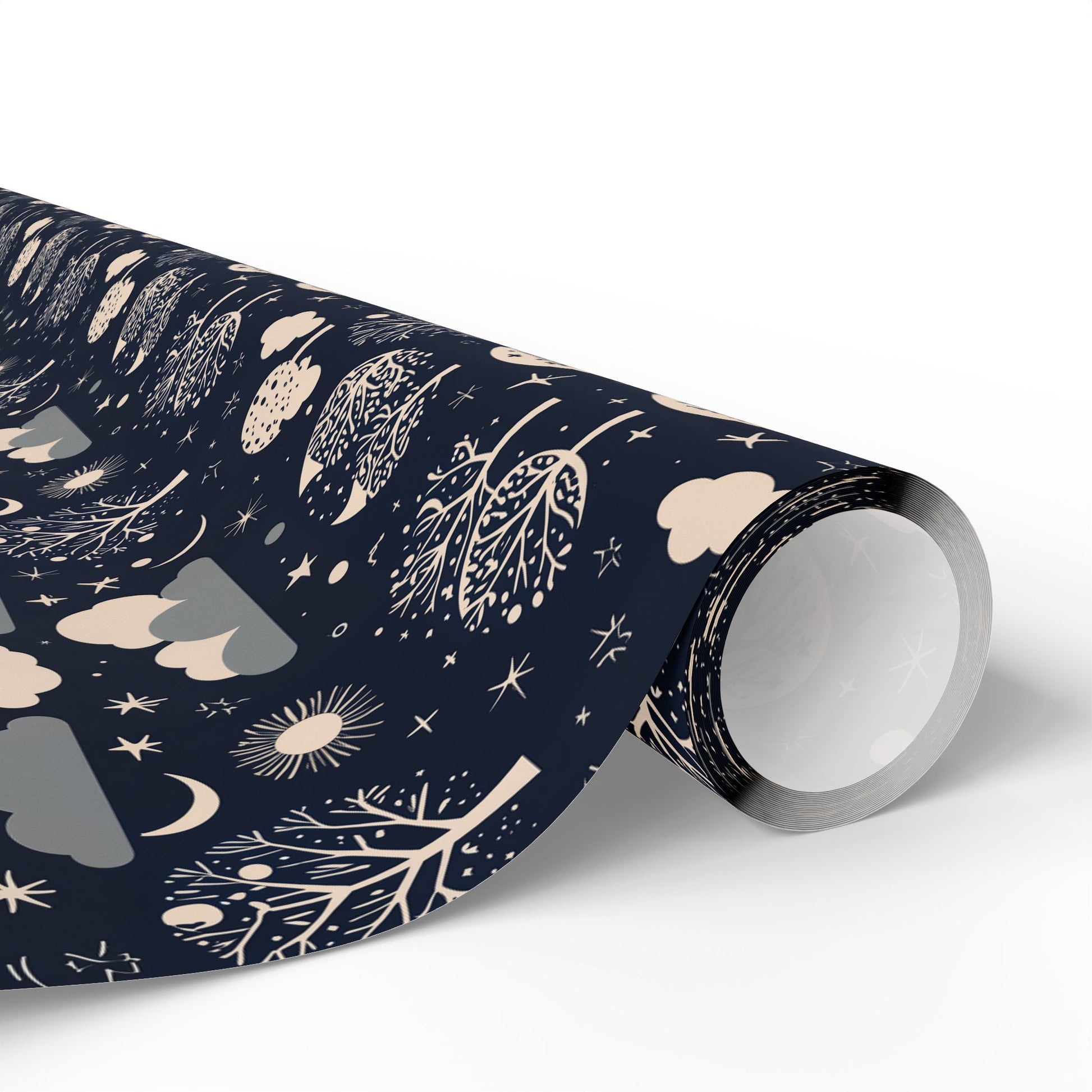 Wrapping Paper - Abstract Moon Stars and Trees in Black and Beige