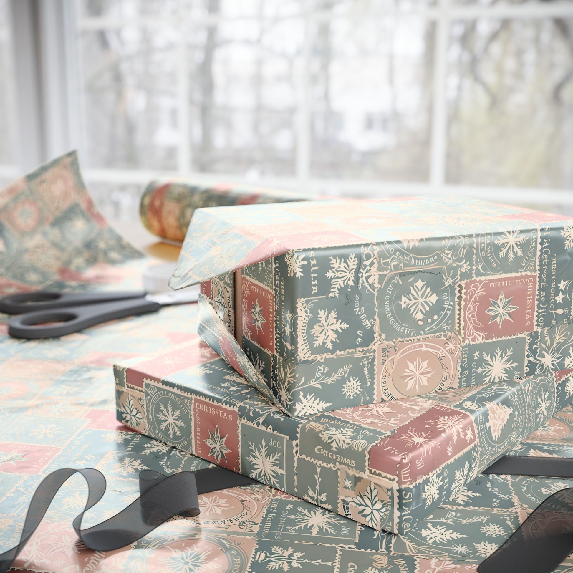 Merry Mail – Vintage Holiday Stamp Wrapping Paper