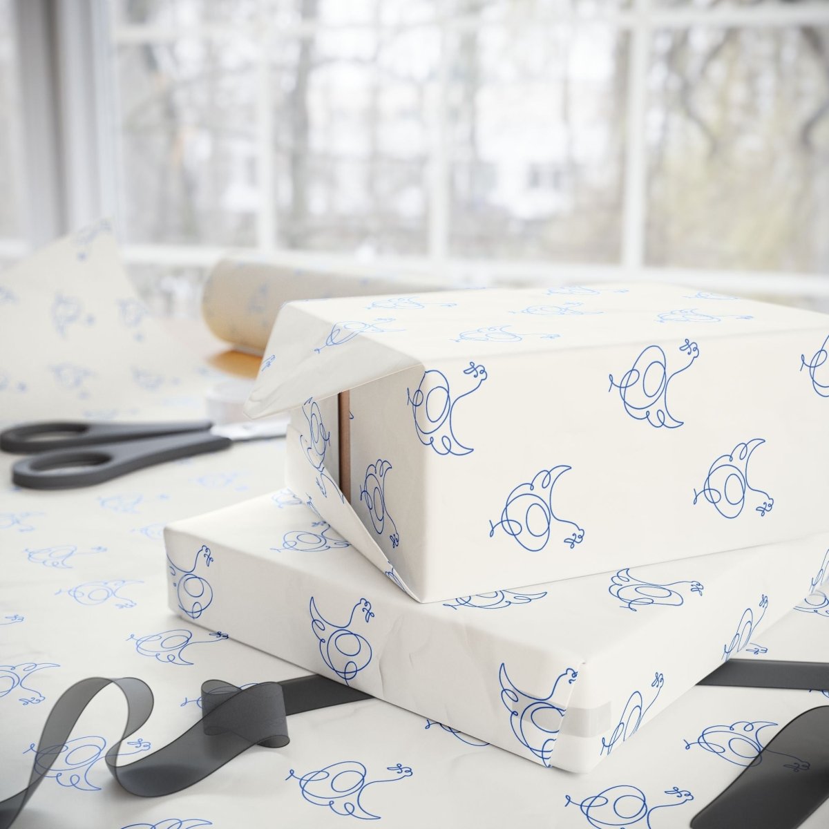 Blue Line Drawing Chicken Wrapping Papers