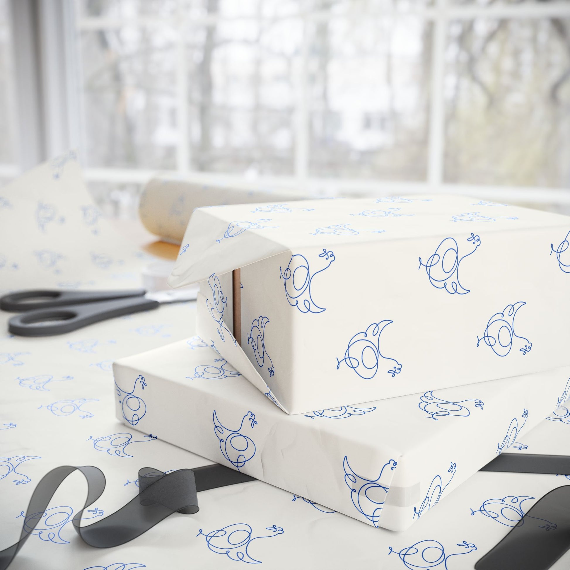 Blue Line Drawing Chicken Wrapping Papers