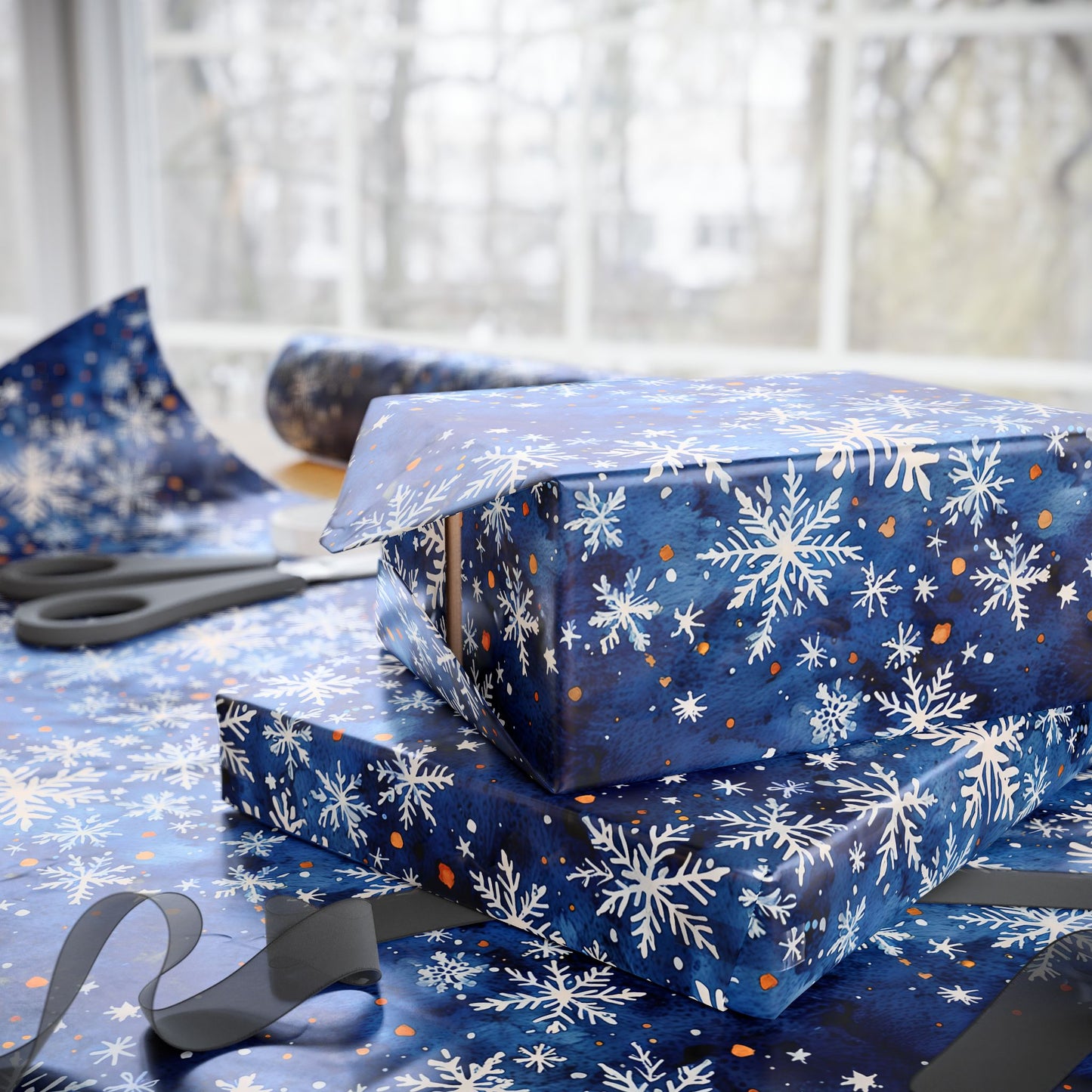 Snow Dazed – Midnight Blue Snowflake Wrapping Paper