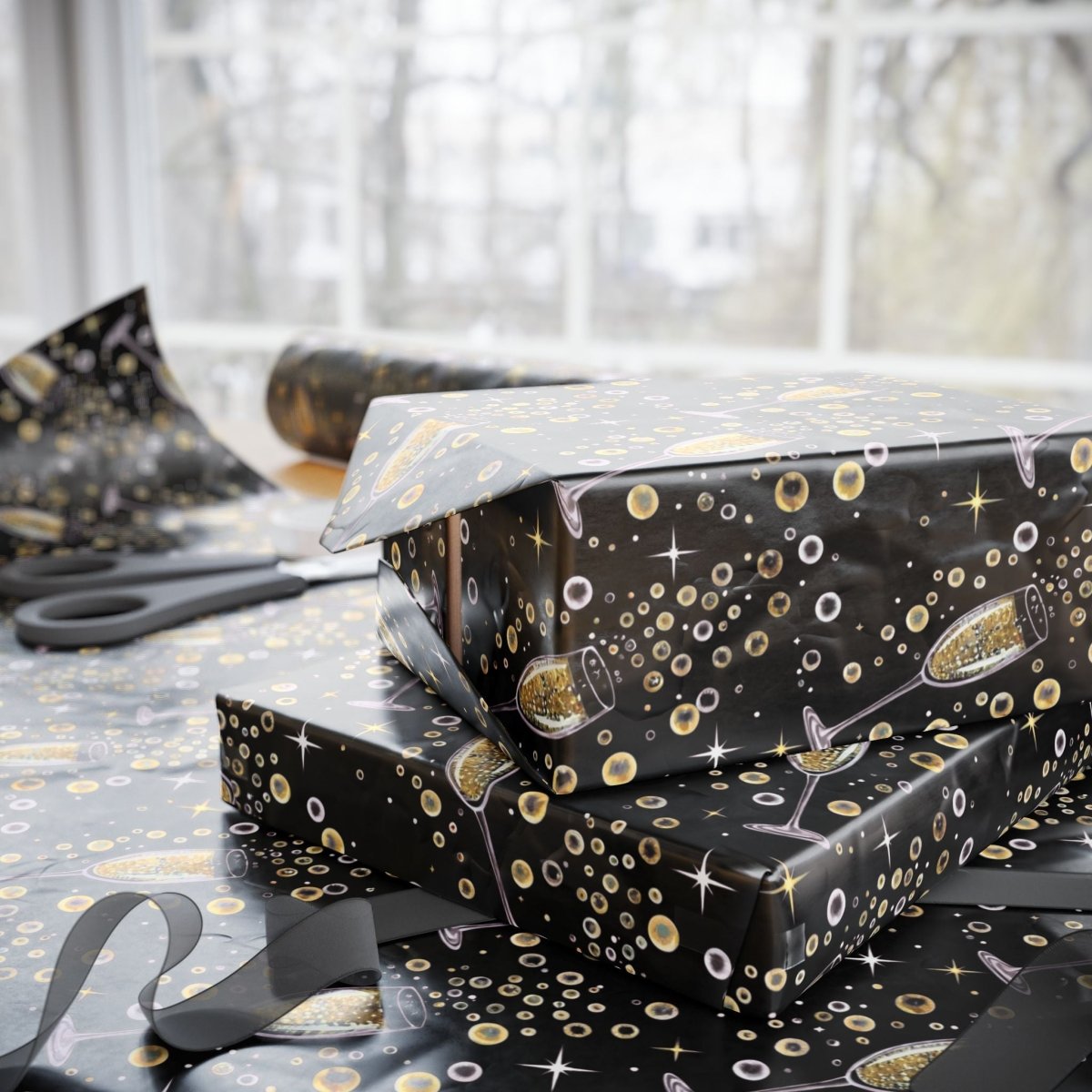Pop, Fizz & Midnight Kisses – Champagne Celebration Wrapping Paper