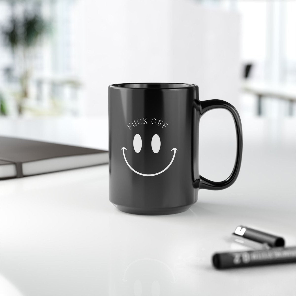 15oz Black Mug — Smiley Face with “Fuck Off” Graphic | Funny Novelty Coffee Cup
