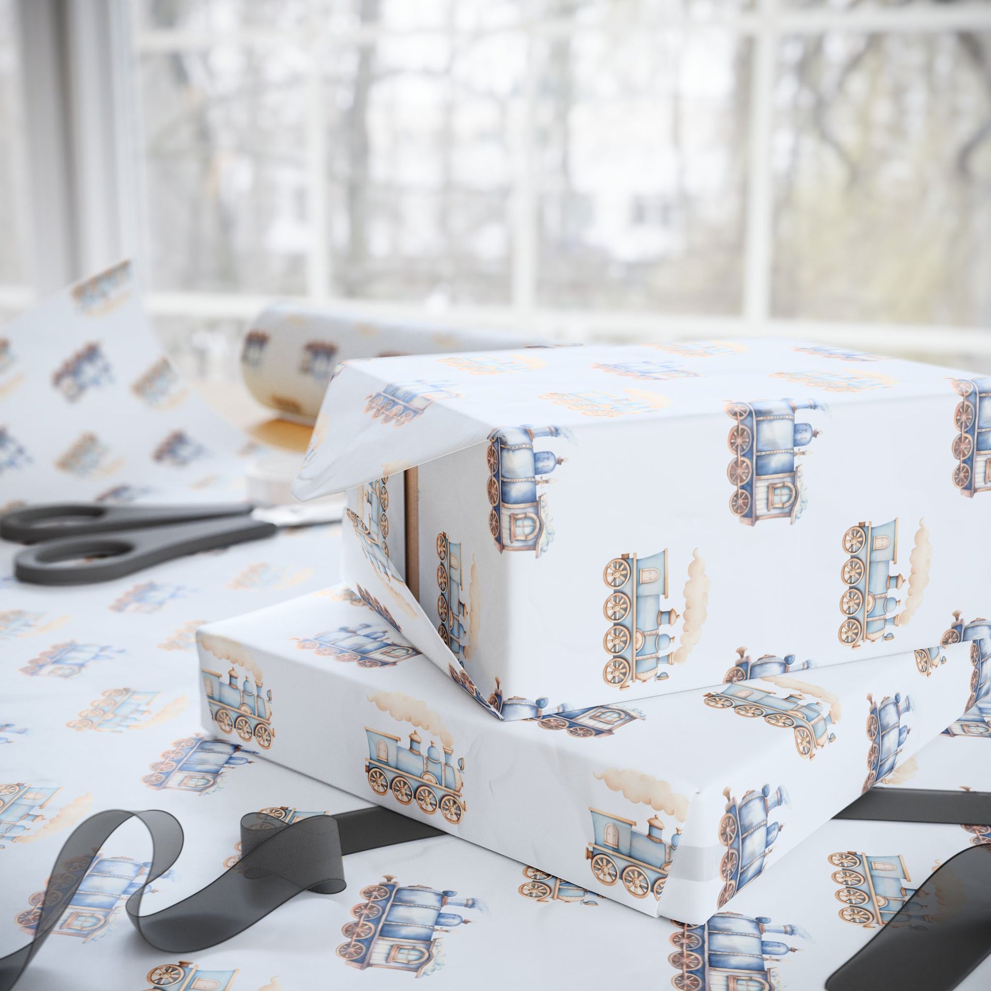 Charming Blue Train Wrapping Paper for Kids – Cute Vintage Locomotive Gift Wrap