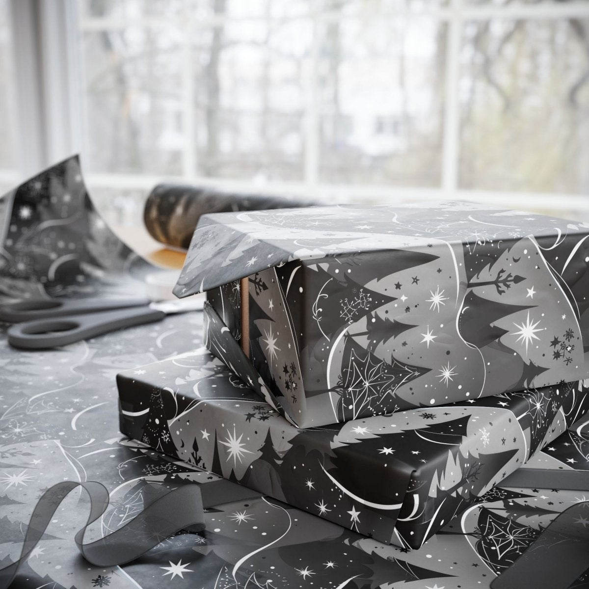 Starlit Forest – Magical Monochrome Christmas Wrapping Paper
