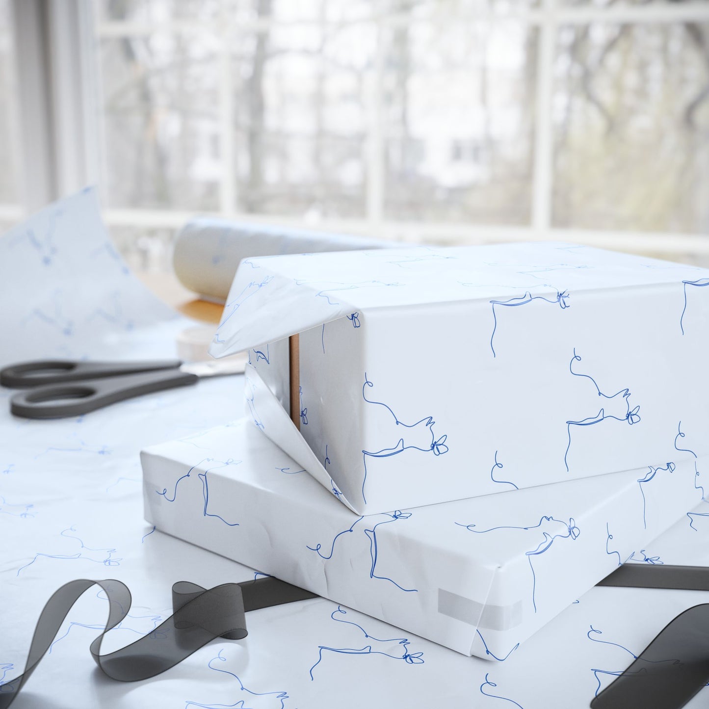 Line Drawn Blue Cat Gift Paper