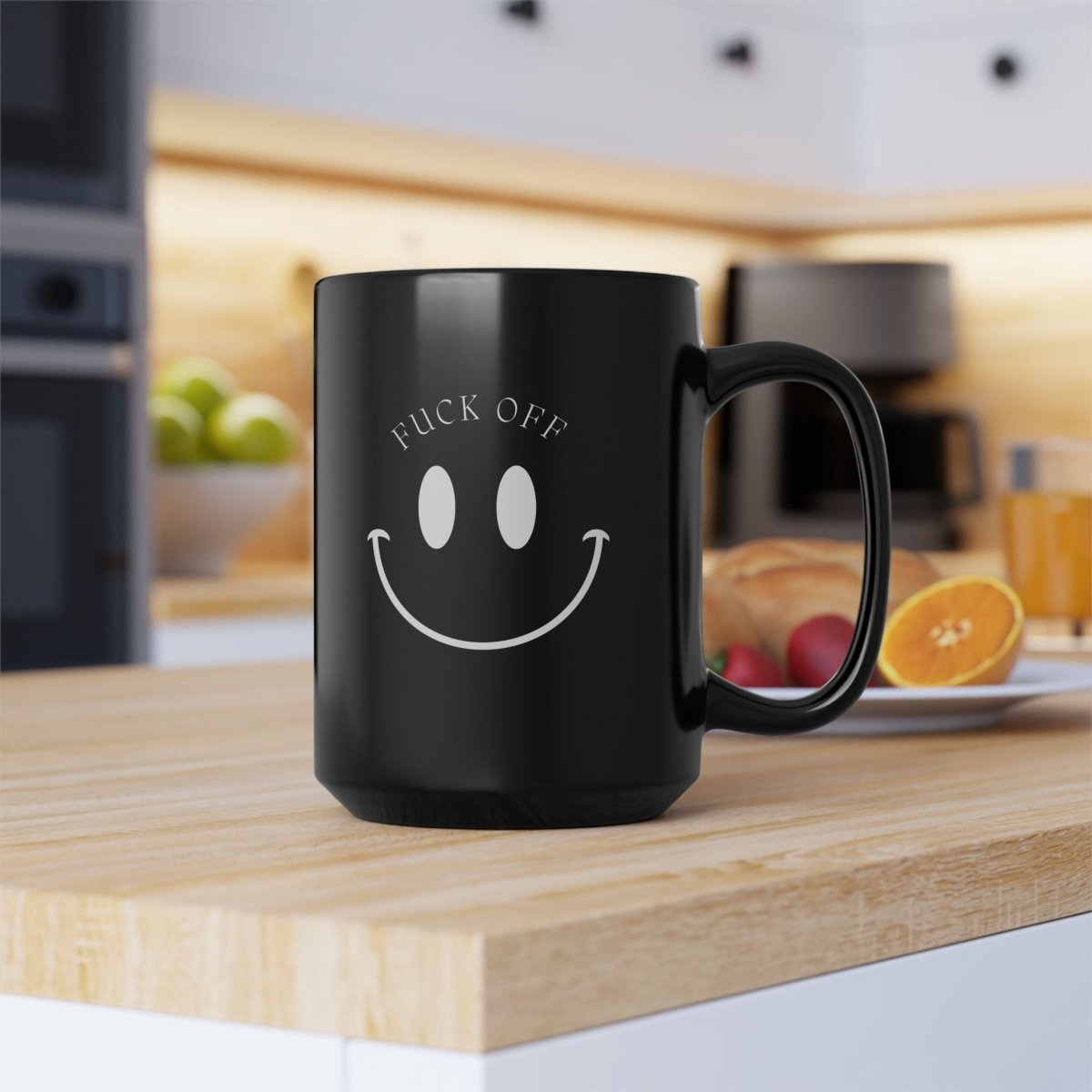 15oz Black Mug — Smiley Face with “Fuck Off” Graphic | Funny Novelty Coffee Cup