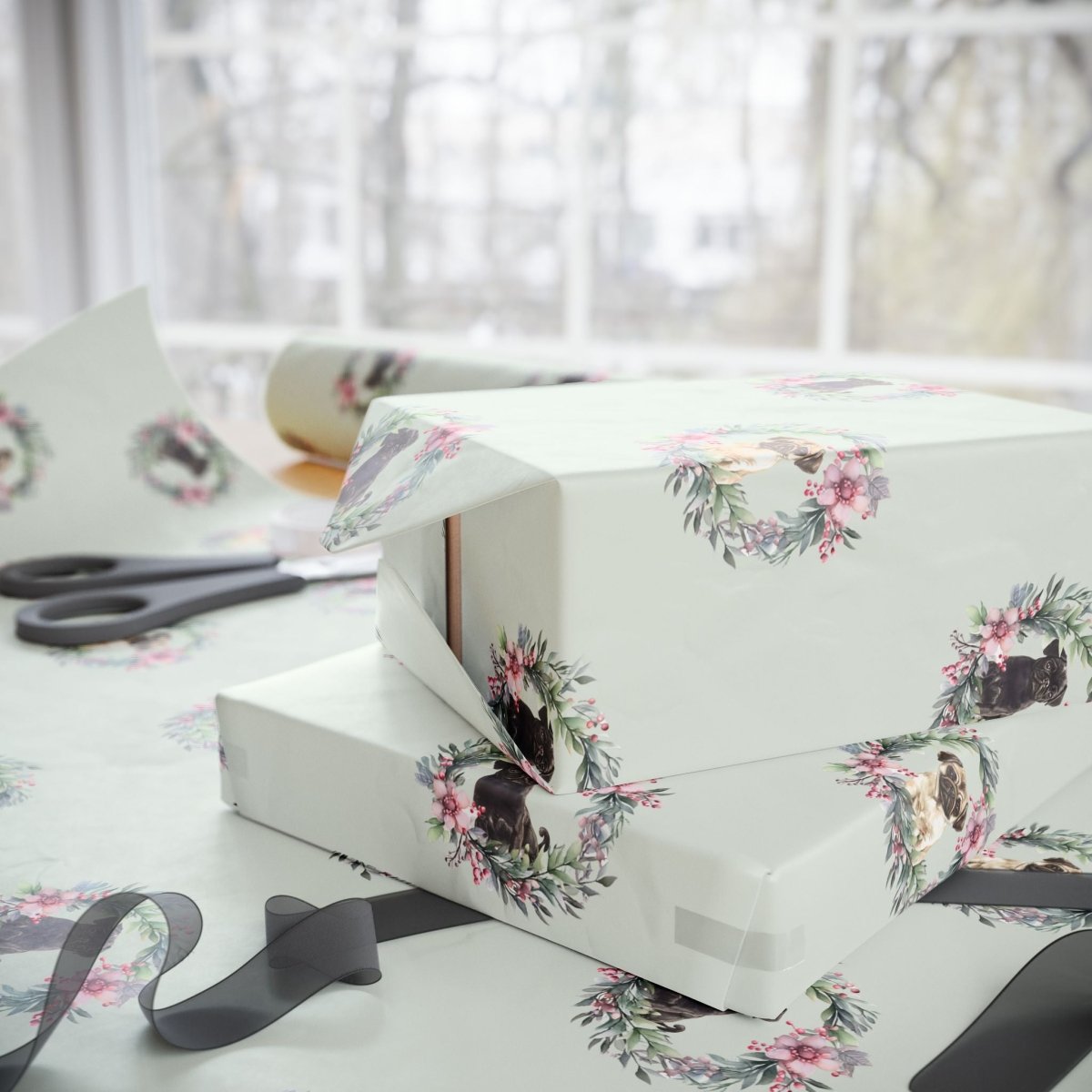 Pugs & Poinsettias – Holiday Pup Wrapping Paper