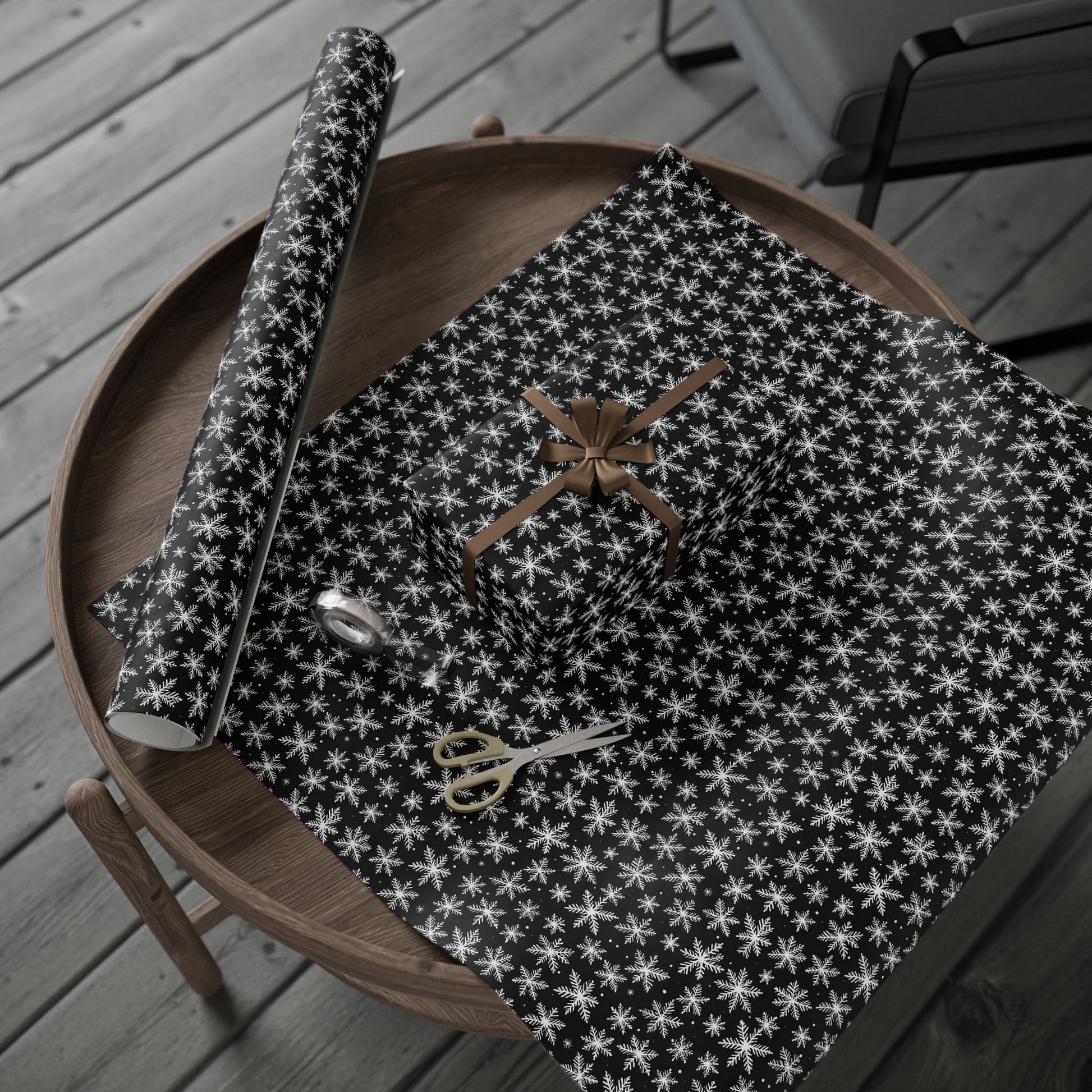 Midnight Flurries – Black & White Snowflake Wrapping Paper