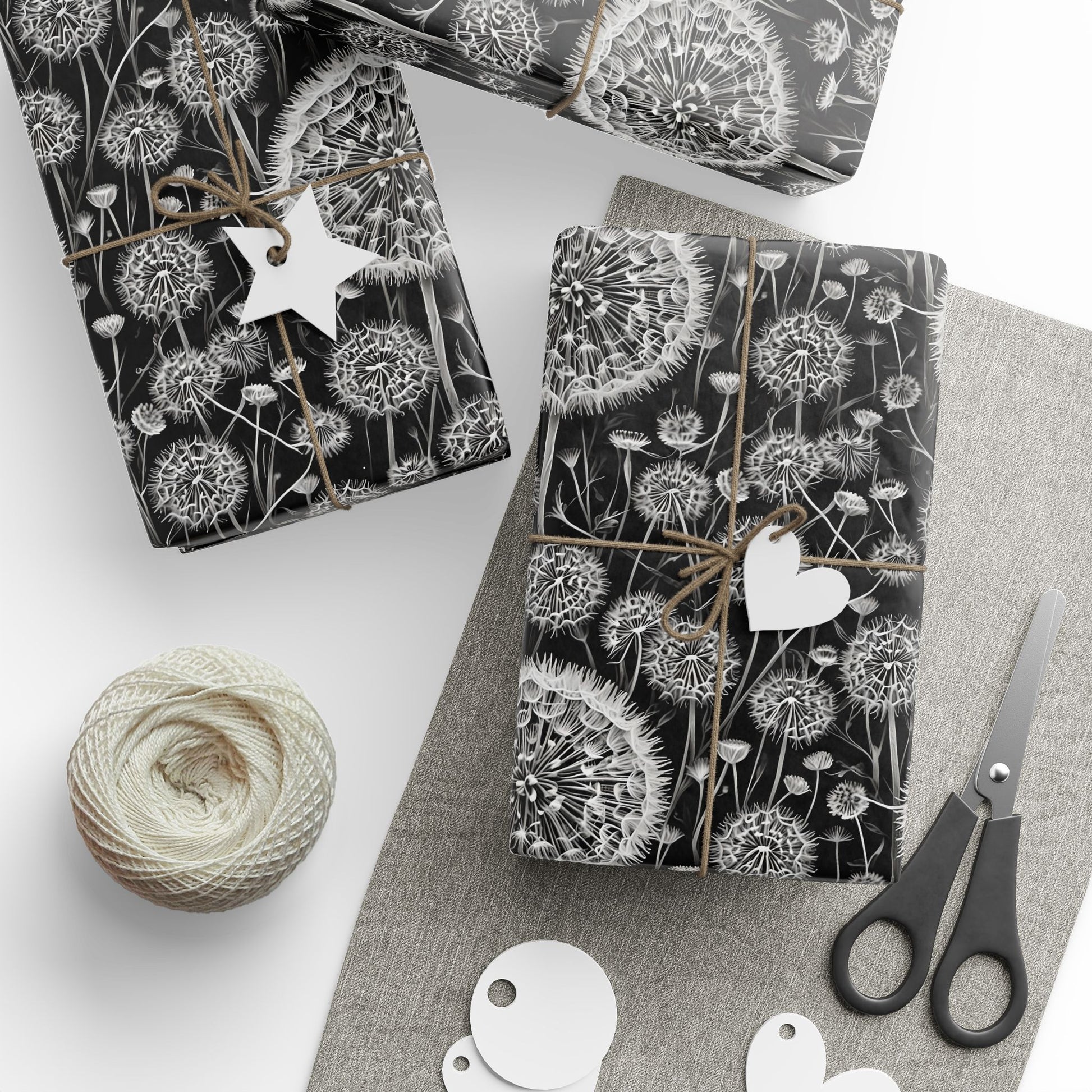 Wrapping Papers - Dandelion Seed Head Flowers Black and White Line Drawings