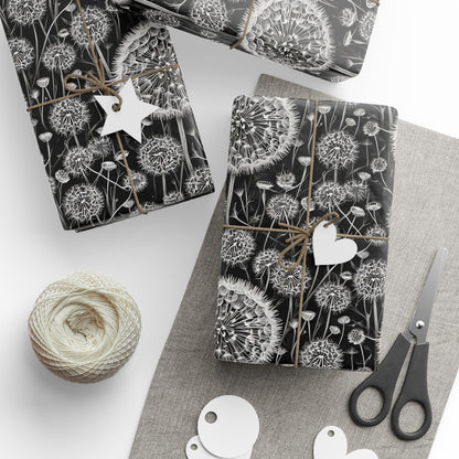 Wrapping Papers - Dandelion Seed Head Flowers Black and White Line Drawings