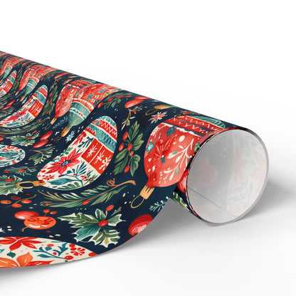 Twinkle Tinsel & Midnight Mistletoe – Folk Art Ornament Wrapping Paper