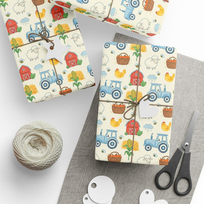 Little Red Barn & Tractor Charm – Whimsical Farm Wrapping Paper