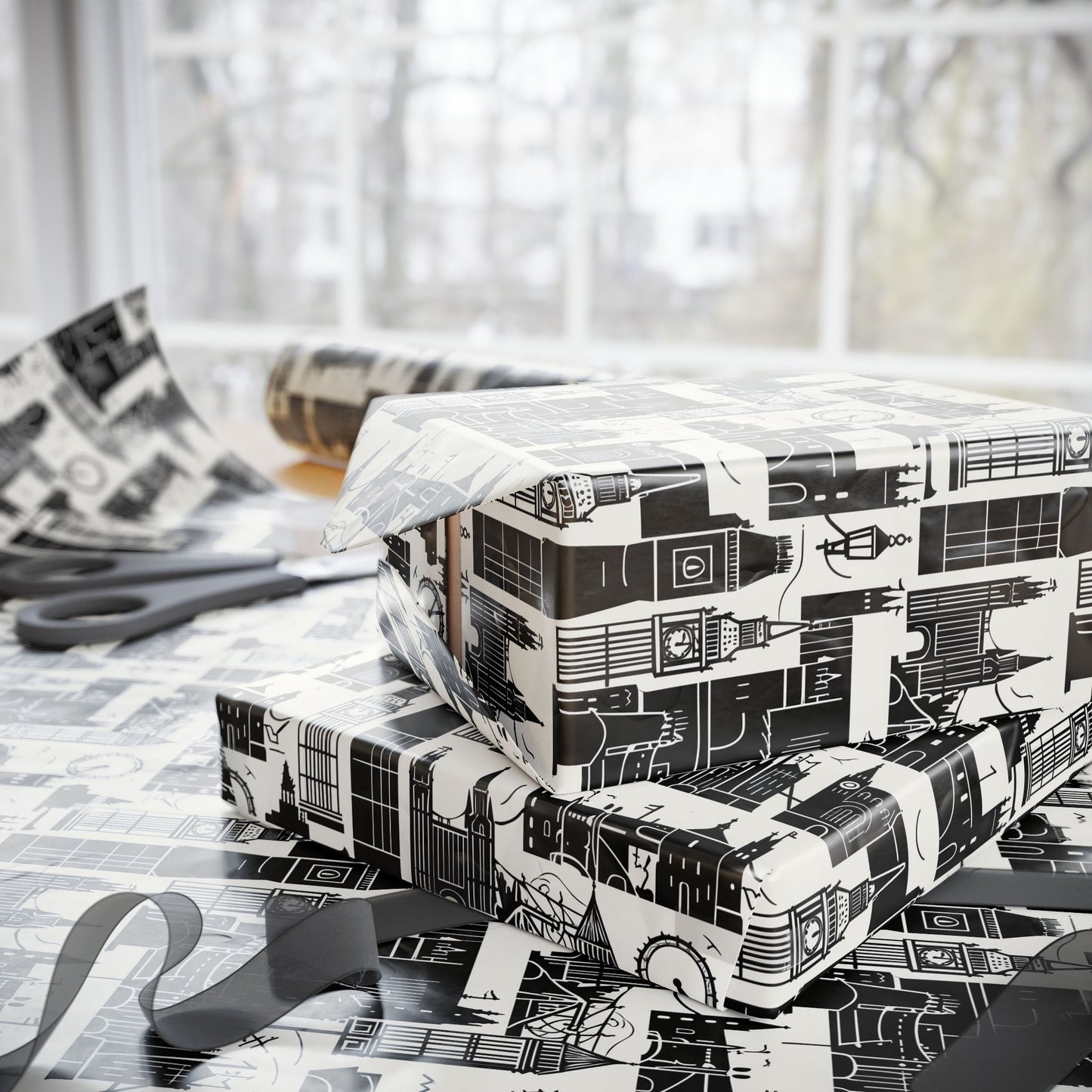 Chic Black & White Cityscape Wrapping Paper