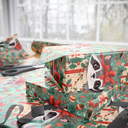 Raccoon Around the Christmas Tree – Whimsical Woodland Wrapping Paper
