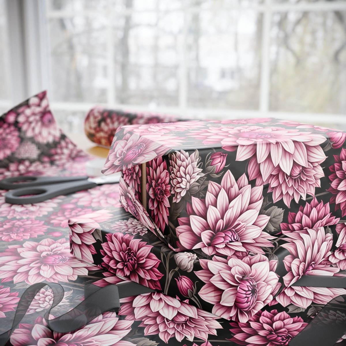 Dahlia Fields of Pink White Black Gift Wrapping Paper