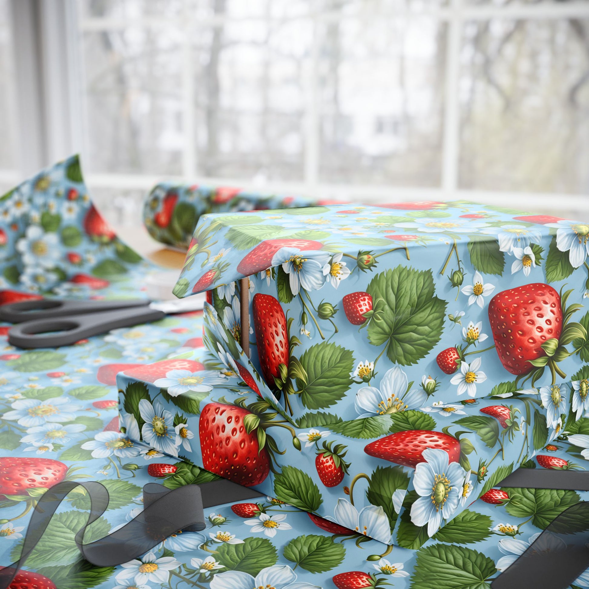 Blue Wrapping Paper featuring Delightful Strawberries