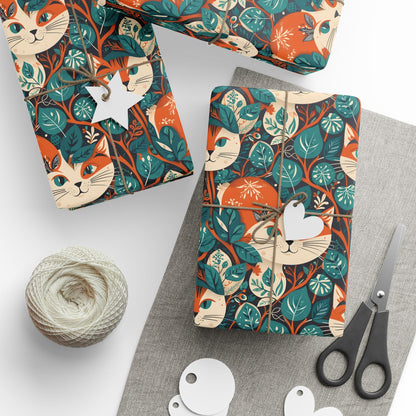 Green Orange Retro Cat Pattern Gift Wrap