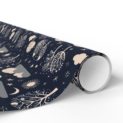 Wrapping Paper - Abstract Moon Stars and Trees in Black and Beige
