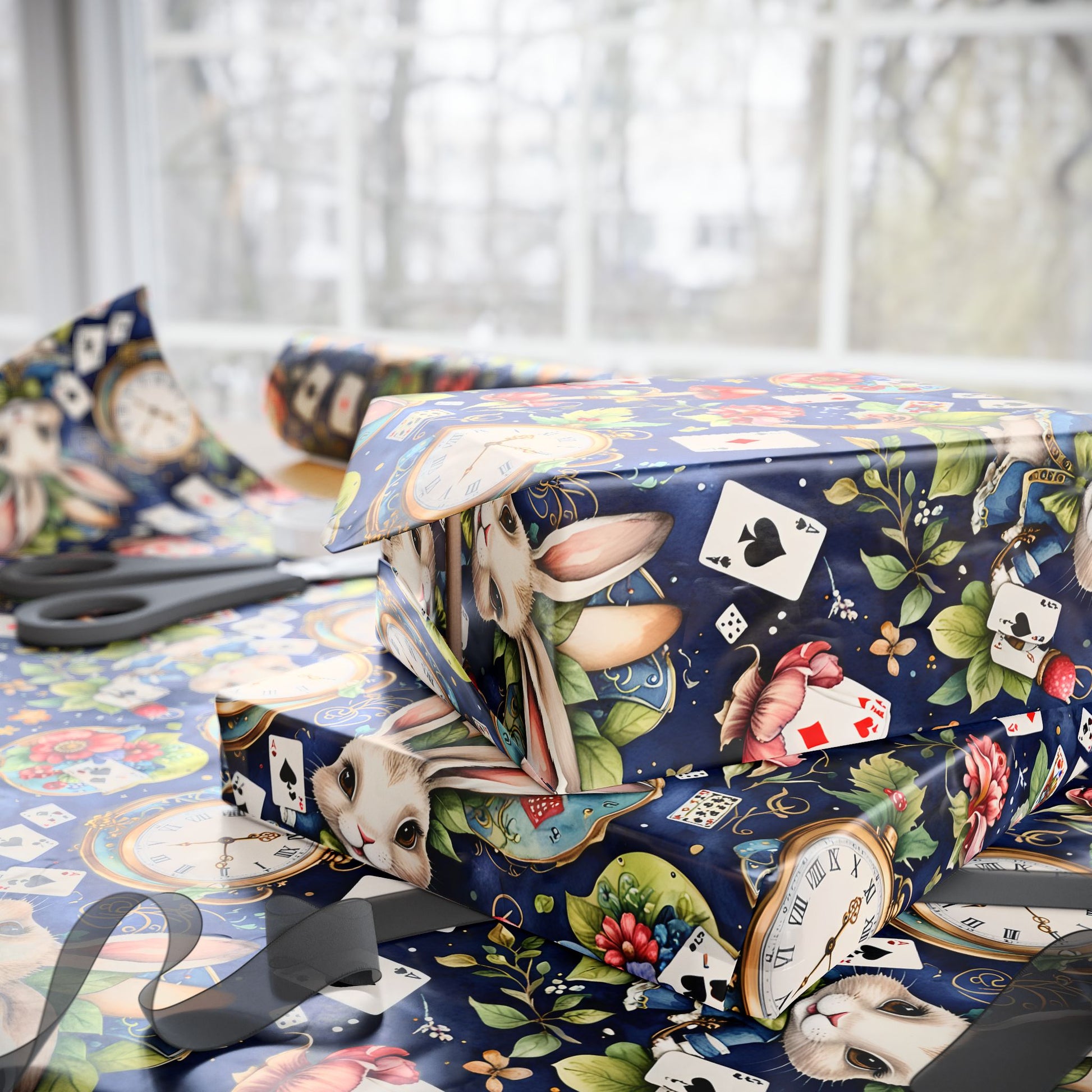 Enchanting Navy Gift Wrap inspired by Alice in Wonderland