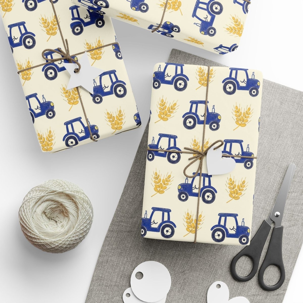 Blue Ribbon Harvest – Whimsical Tractor Wrapping Paper