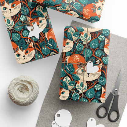 Green Orange Retro Cat Pattern Gift Wrap