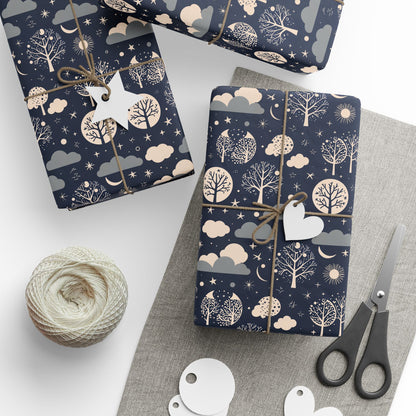 Wrapping Paper - Abstract Moon Stars and Trees in Black and Beige