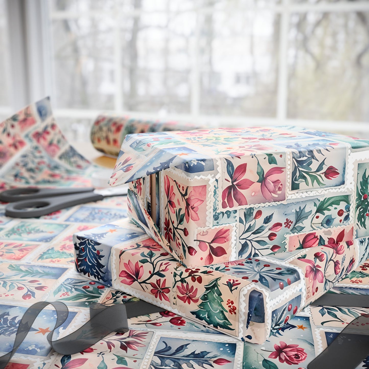 Flora & First - Class Festivities – Botanical Holiday Stamp Wrapping Paper