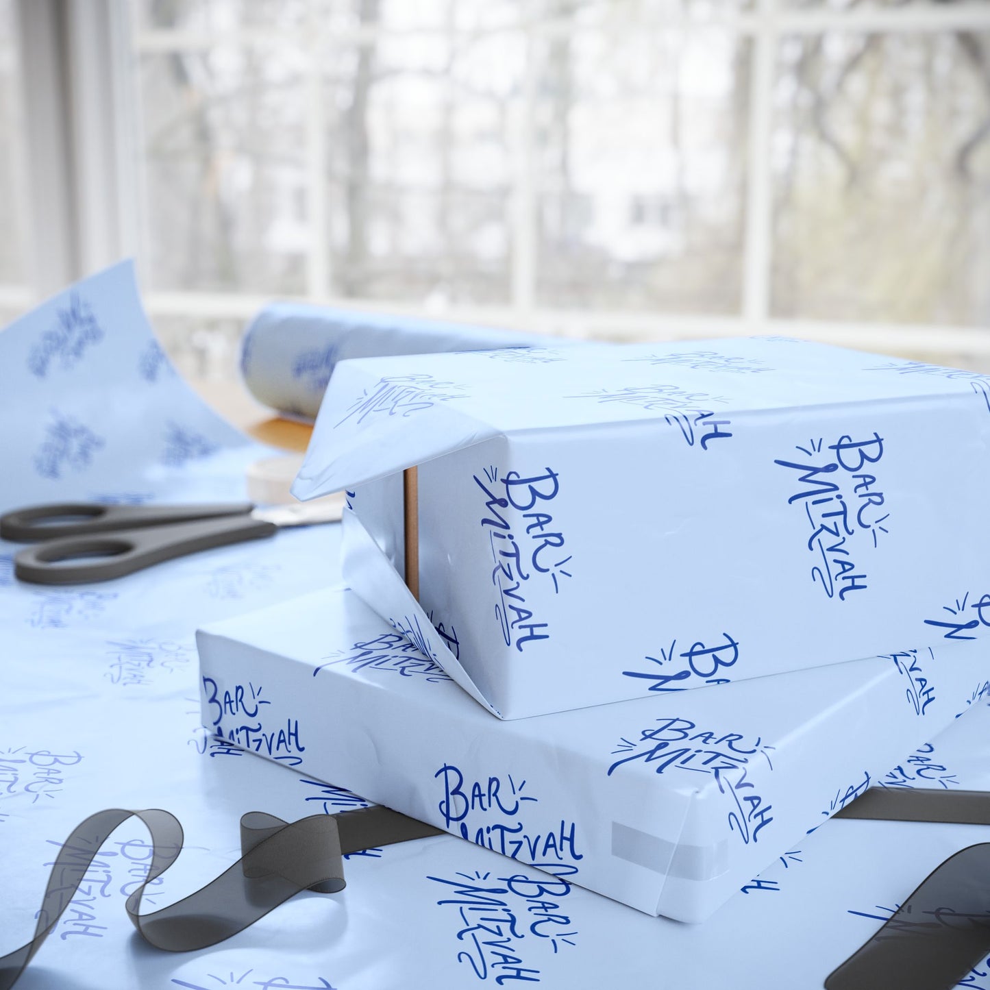 Blue Artistic Bar Mitzvah Wrapping Paper