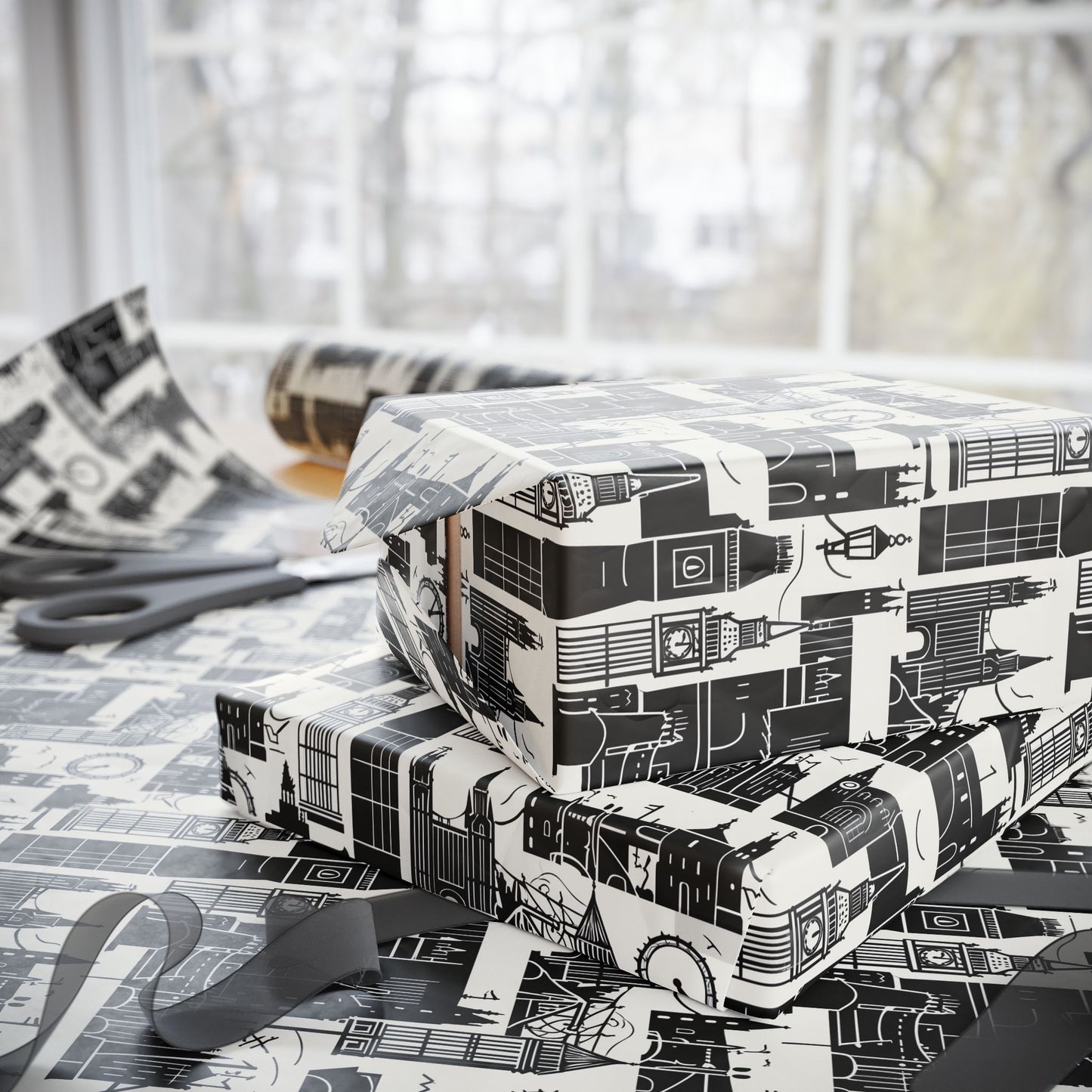 Chic Black & White Cityscape Wrapping Paper
