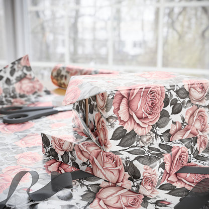Rose Whispers – Soft Floral Gift Wrap in Pink & Grey
