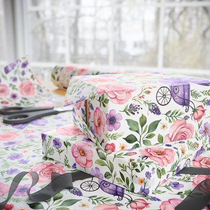 Baby Shower Gift Wrap with Floral and Baby Carriage Design
