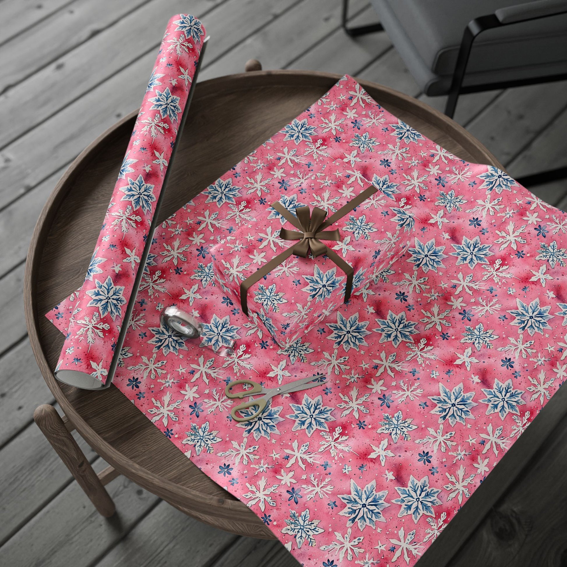 Frosted Flurries & Blush Whirlwinds – Pink Snowflake Wrapping Paper