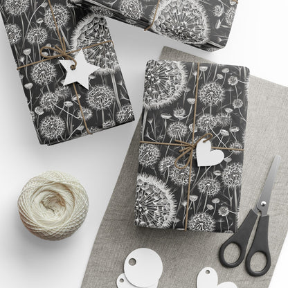 Wrapping Papers - Dandelion Seed Head Flowers Black and White Line Drawings