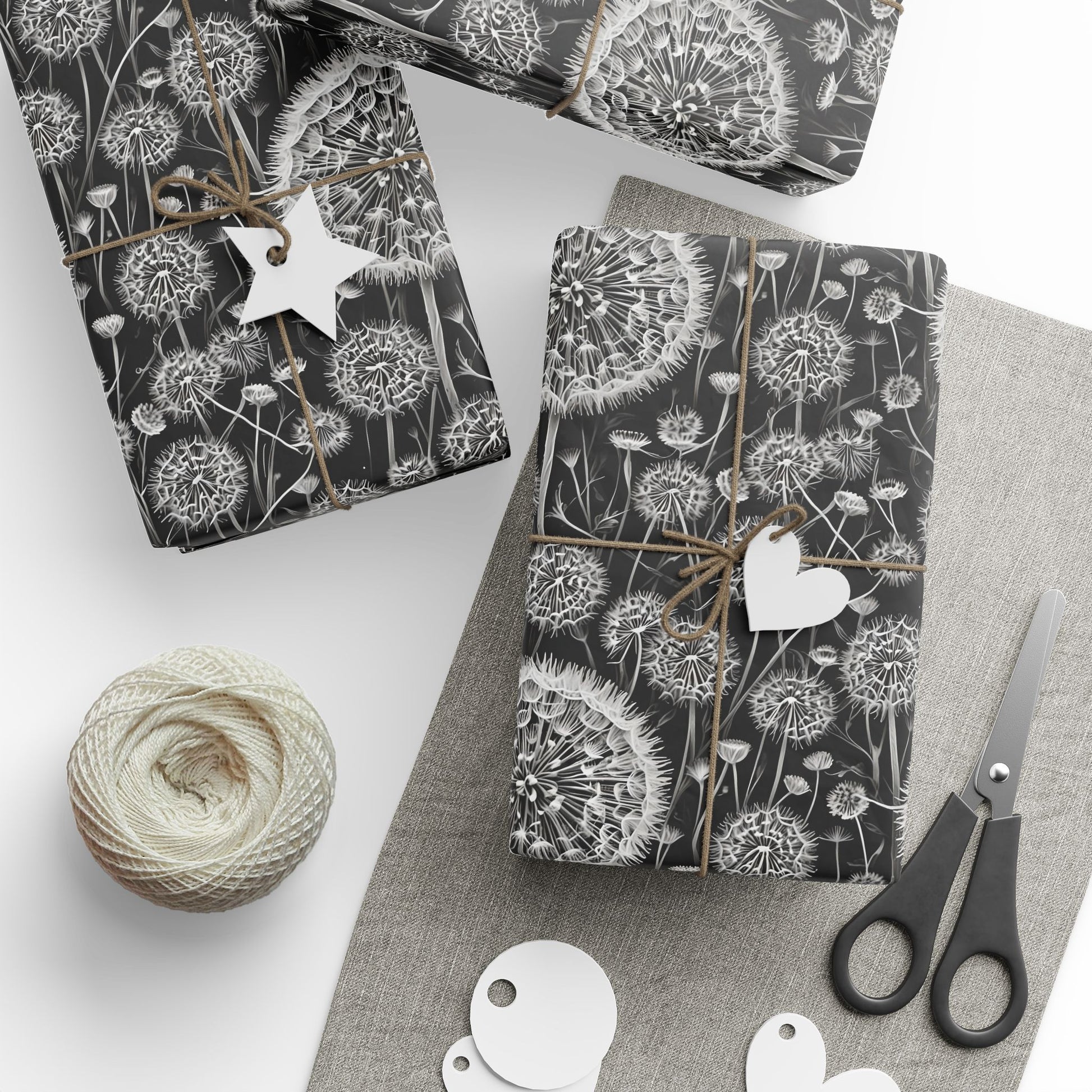 Wrapping Papers - Dandelion Seed Head Flowers Black and White Line Drawings