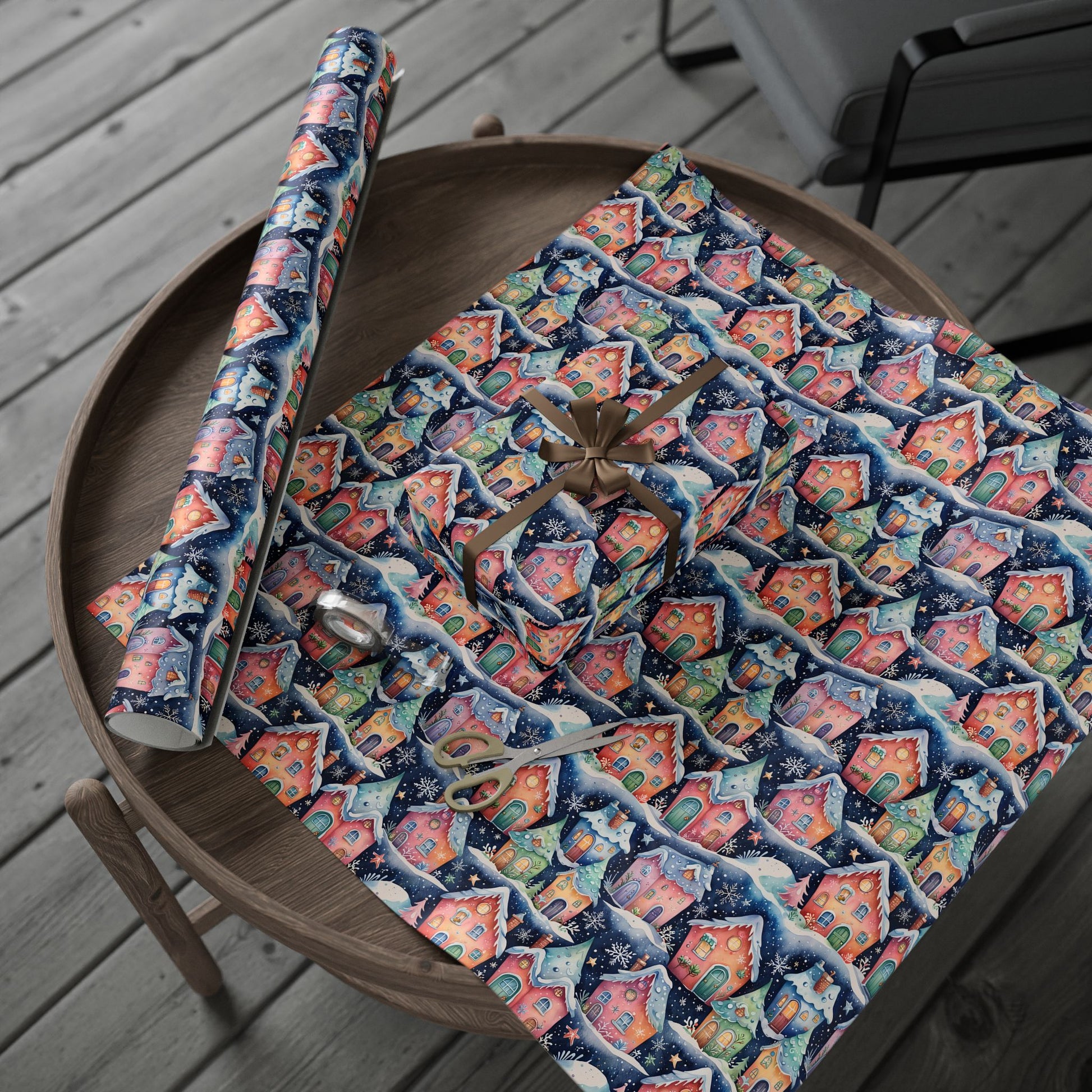 Holiday Wrapping Papers with Sparkling Star, Cute Snowflake, and Christmas Village Design