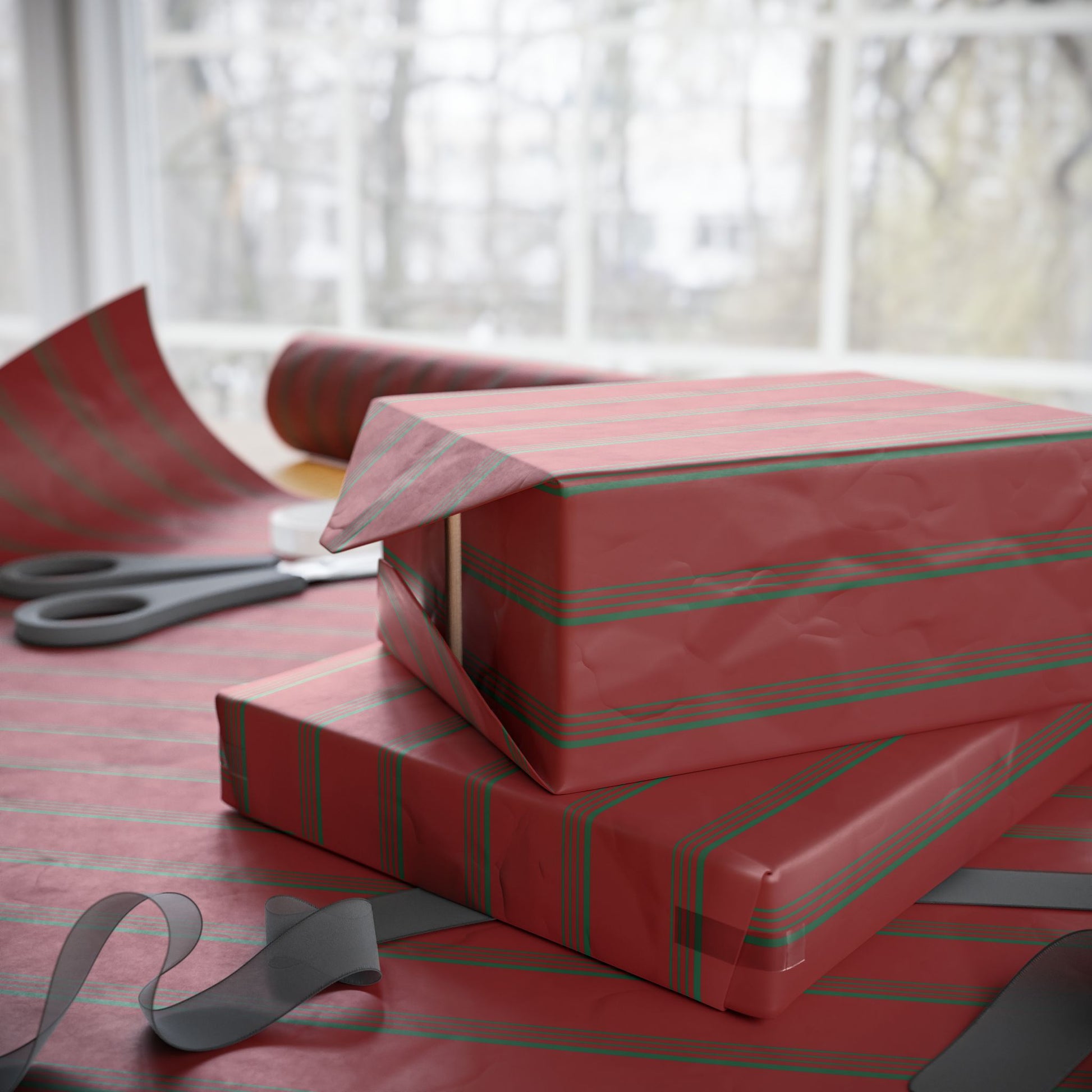 Elegant Red and Green Striped Holiday Wrapping Paper
