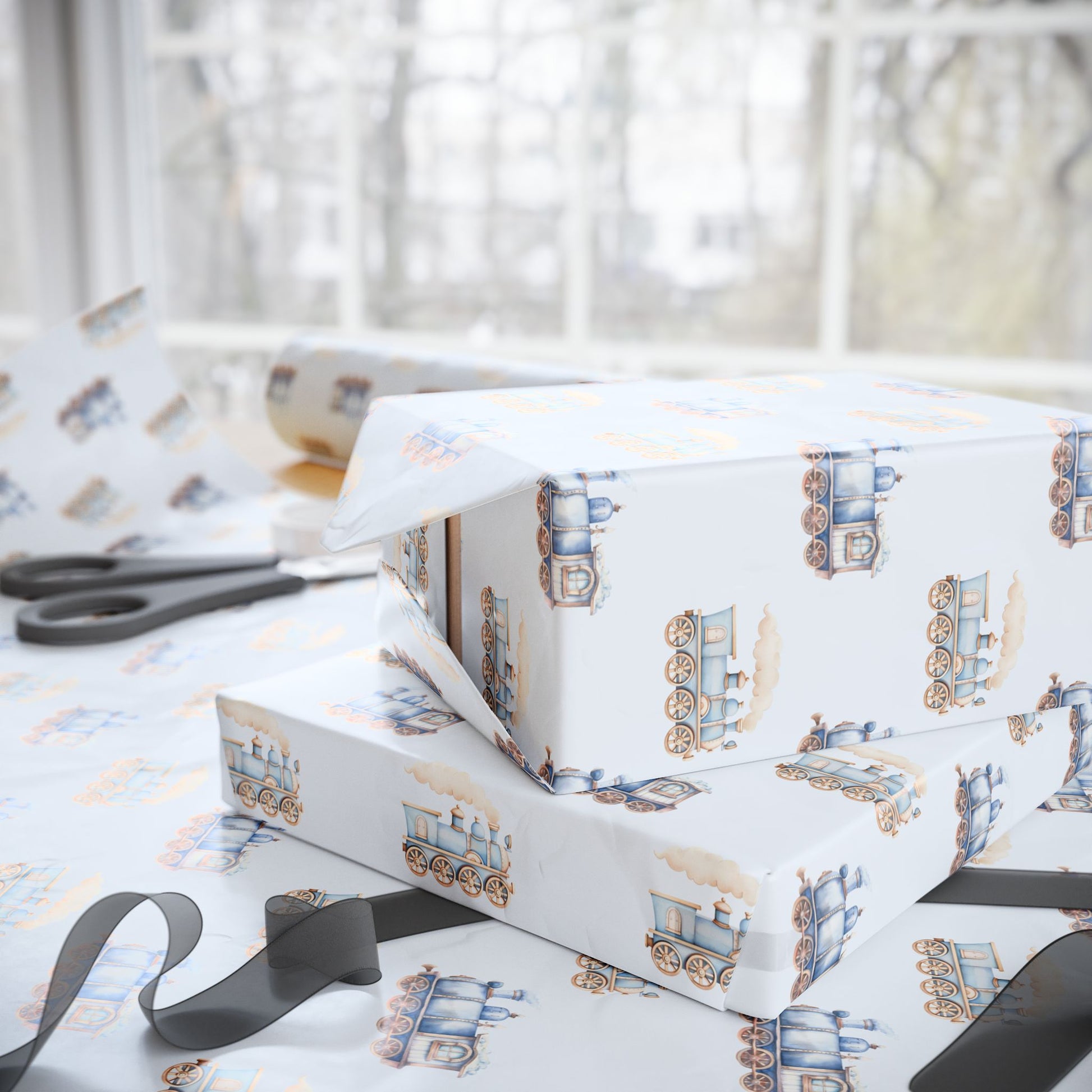 Charming Blue Train Wrapping Paper for Kids – Cute Vintage Locomotive Gift Wrap